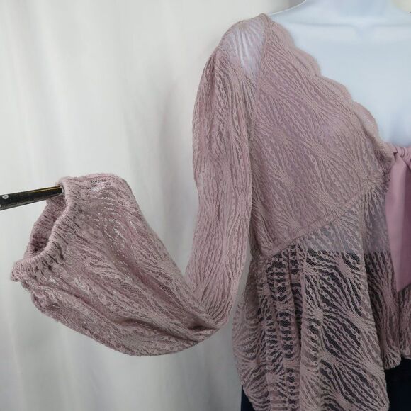 Free People Pink Lace Top Size Medium Peasant Crop Ribbon Tie Sheer Empire LS - Picture 3 of 13